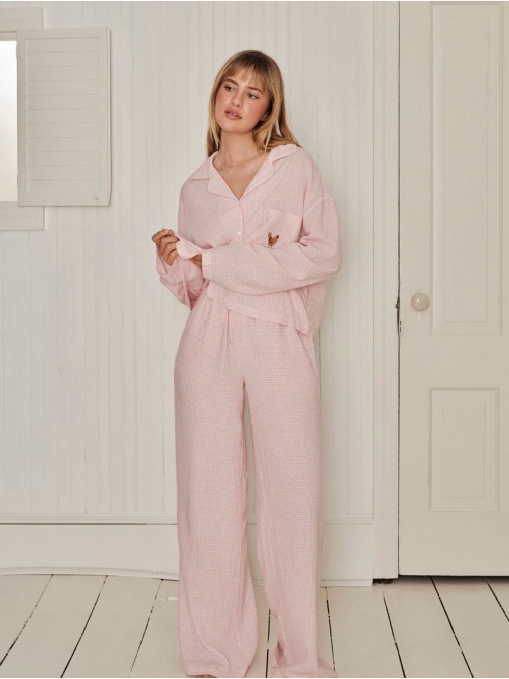 Relaxed Pink Waffle Pajama Set with Shirt Collar